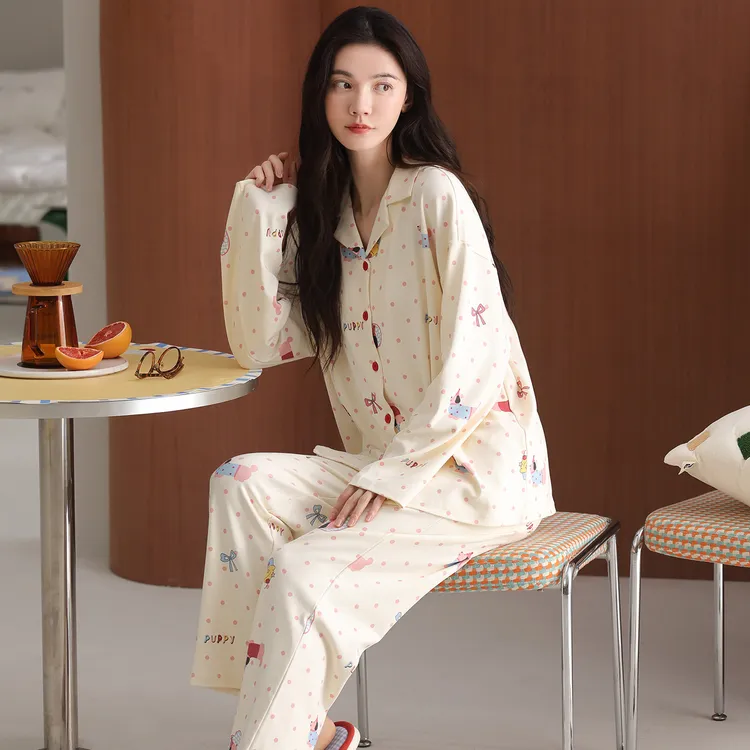 花丛丽影秋季纯棉家居服女宽松休闲舒适撞色波点慵懒少女风睡衣