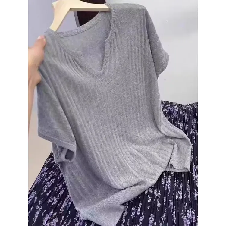 好穿！巨有质感！慵懒v领针织衫短袖女2025夏季宽松遮肉显瘦T恤上衣