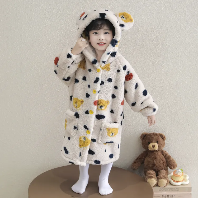 男宝宝睡袍冬季保暖珊瑚绒儿童连帽卡通家居服男童加厚保暖浴袍冬
