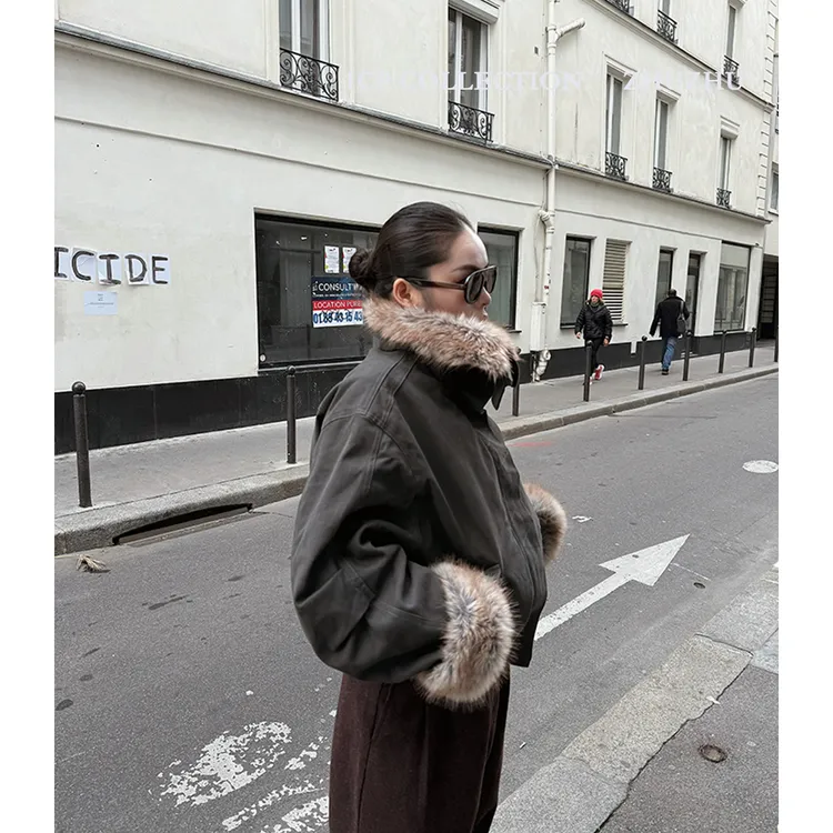 1CP 灰绿色毛毛加棉保暖外套女2025冬新款百搭长袖厚实博主感棉服