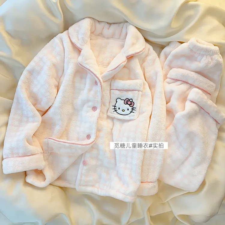儿童hellokitty睡衣女童秋冬季加厚珊瑚绒保暖法兰绒中大童家居服