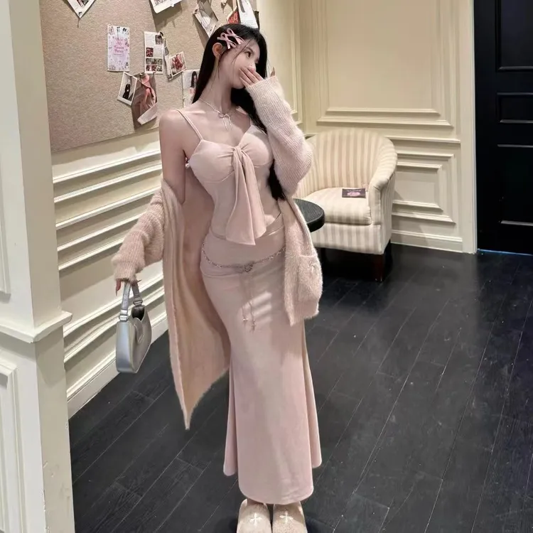 秋季复古慵懒风毛衣开衫外套搭配辣妹性感吊带加鱼尾长裙套装