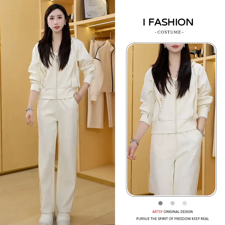 高含棉韩版时尚运动服套装女2025年春秋新款连帽外套直筒裤两件套