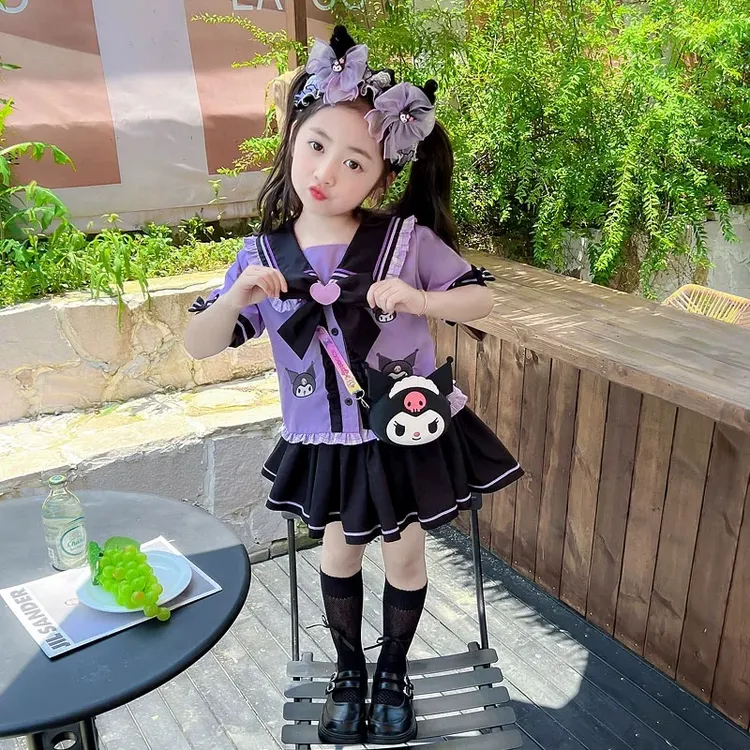 女童夏季套装2025新款洋气儿童短袖库洛米学院风JK裙女宝宝两件套