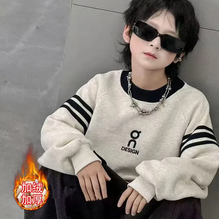 （加绒加厚）儿童款字母时尚卫衣2025年套头休闲圆领秋冬季条纹长袖