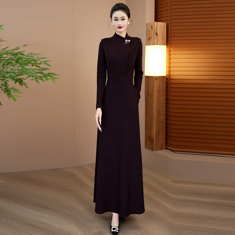 墨黛紫色女连衣裙2025年秋冬加厚修身显瘦轻奢高级感婚宴礼服裙81