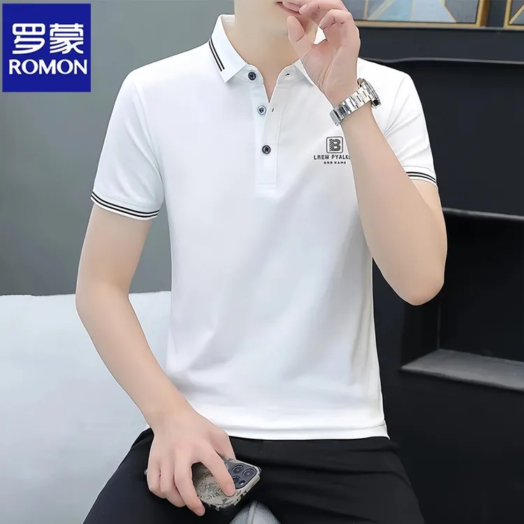 Romon/罗蒙夏季新款冰丝男士POLO衫短袖潮流修身T恤翻领半袖上衣