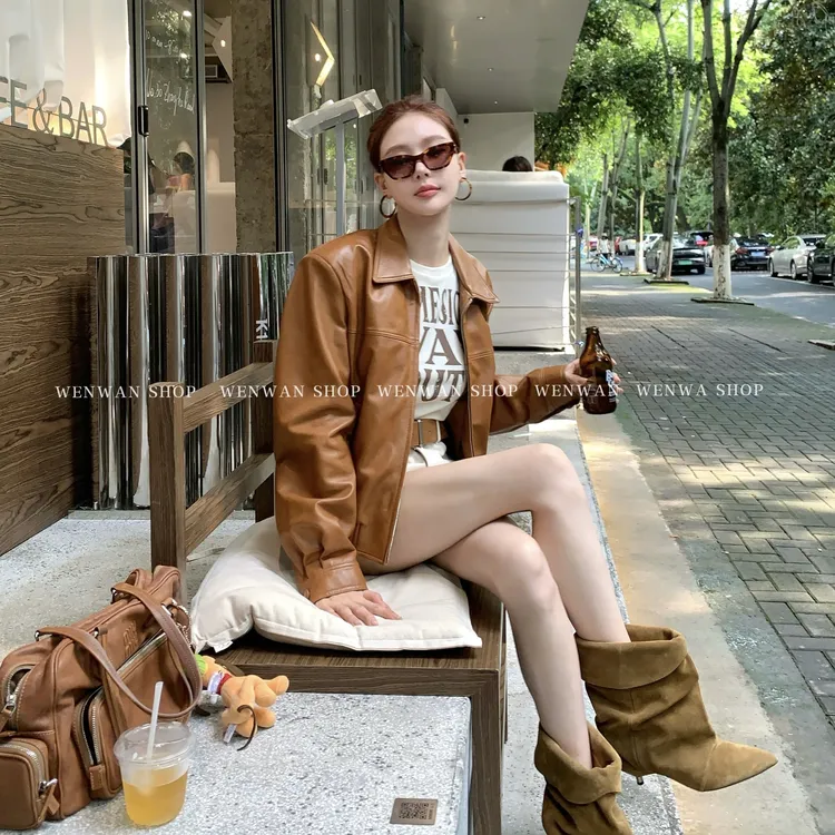 【时髦立大功】黄棕色设计师款翻领短款拉链皮衣