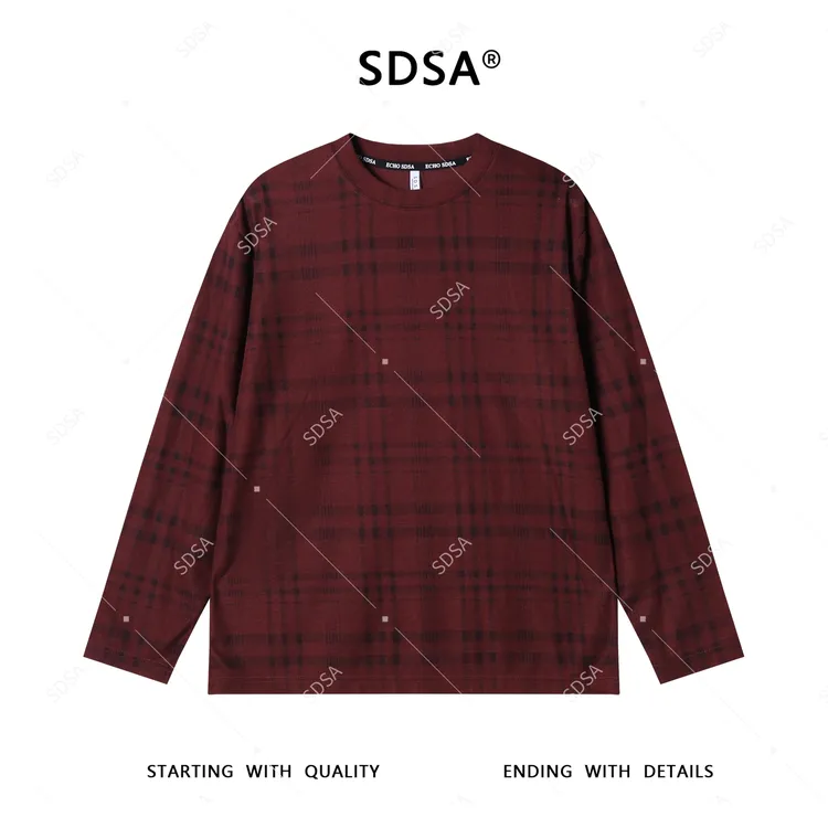 SDSA男士2025新款轻奢痞帅男装撞色格纹设计圆领长袖T恤百搭时尚