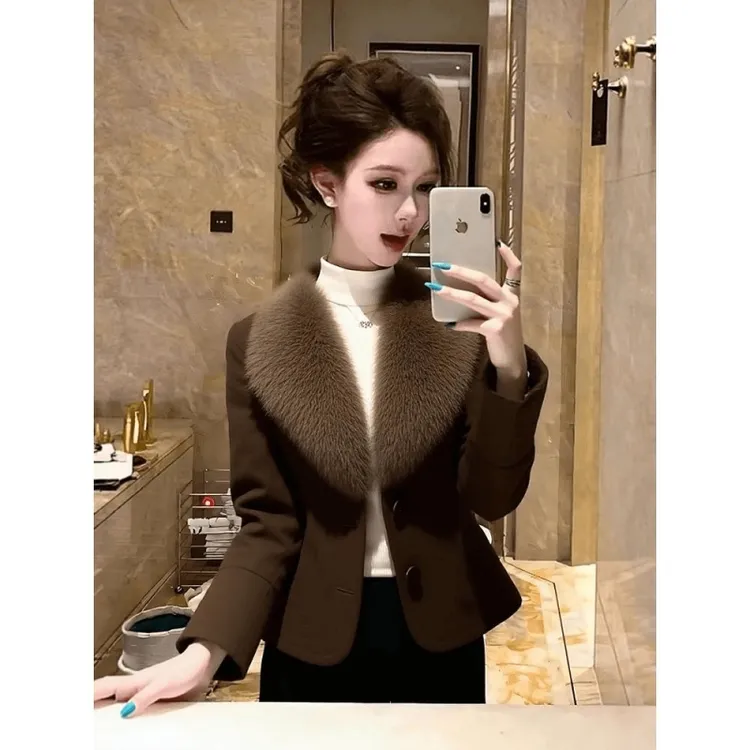 韩系巨好看独特好看高端小资毛毛领收腰毛呢小香风咖色厚外套女冬