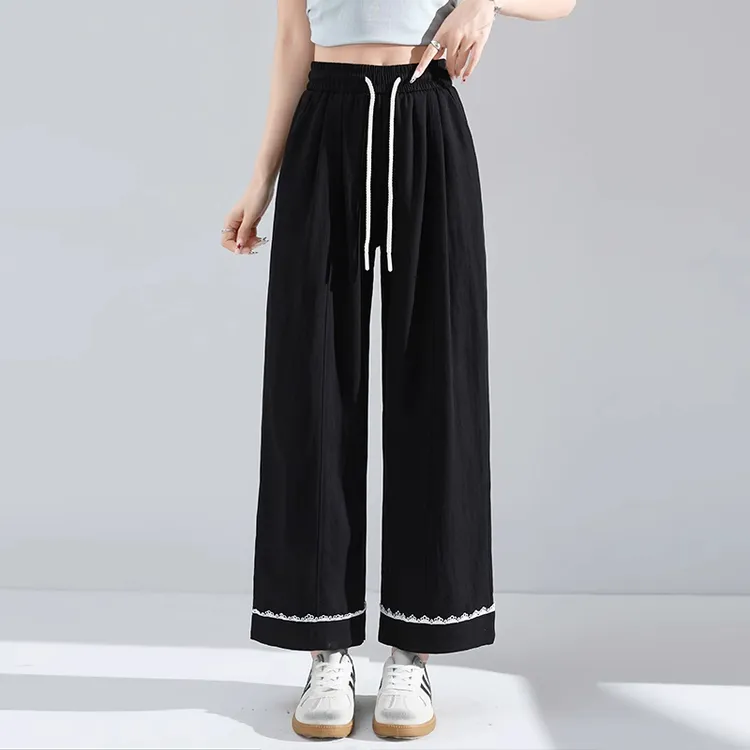 冰丝显瘦阔腿休闲裤女季薄款蕾丝花边拼接凉凉裤小个子直筒九分裤