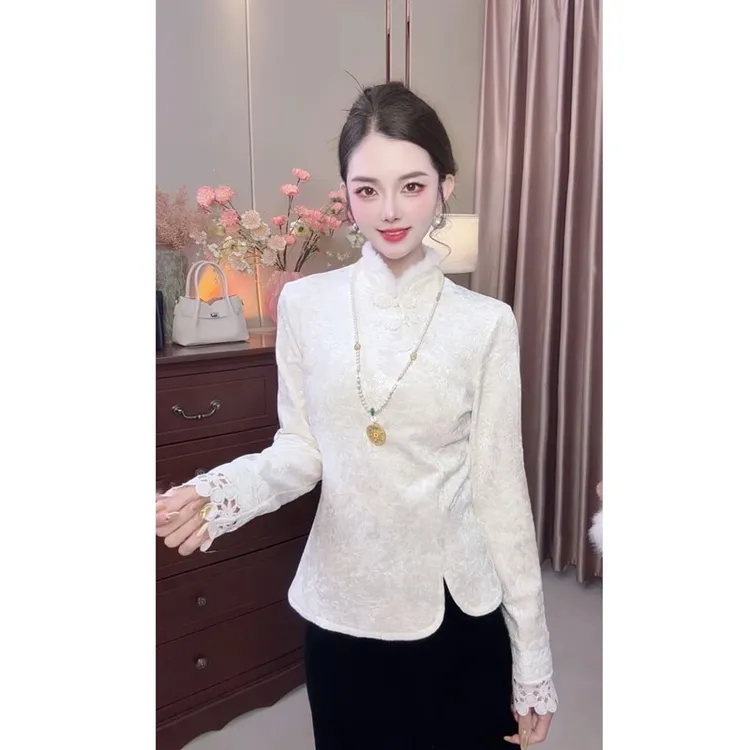 冬季新中式国风加绒加厚打底衫女时尚气质复古百搭立领长袖t恤女