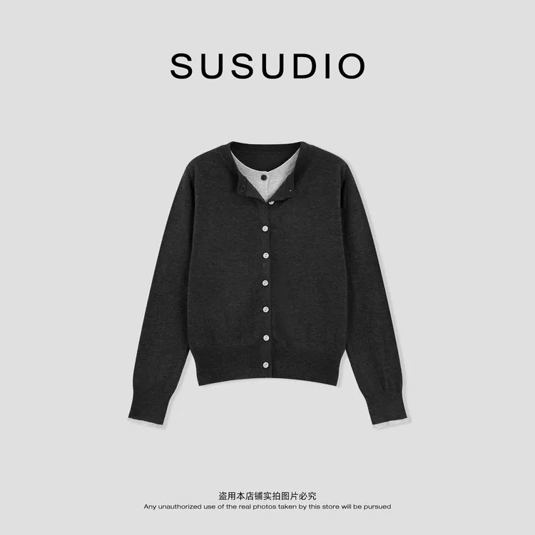  SUSUDIO  绵羊毛 多色系假两件柔软亲肤撞色长袖开衫 Z6043