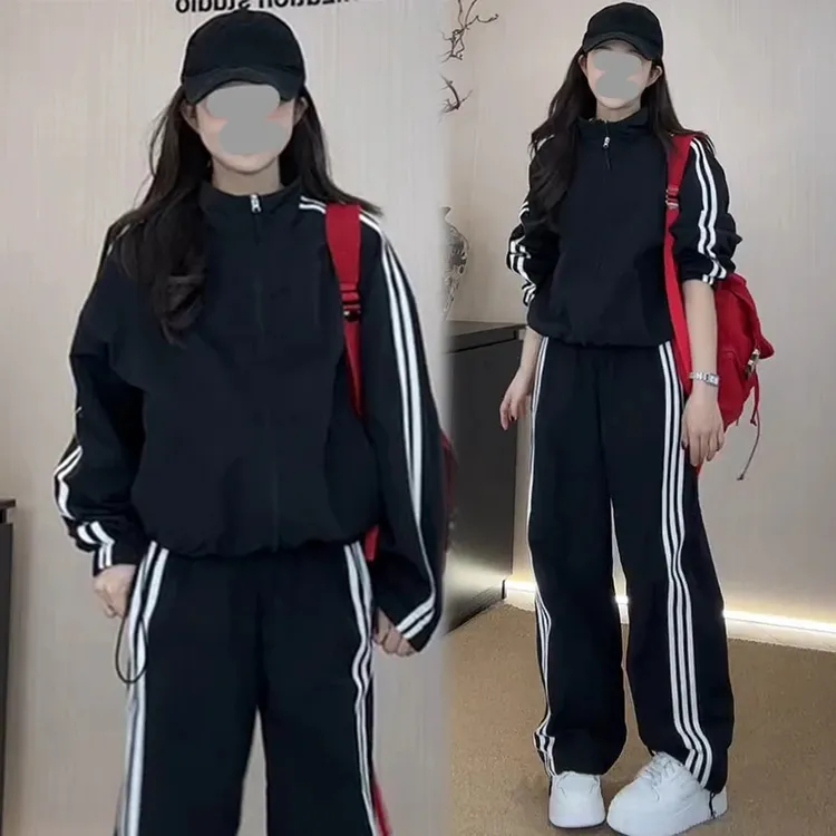 潮牌酷飒运动服套装女2025秋冬户外休闲立领风衣外套直筒裤两件套