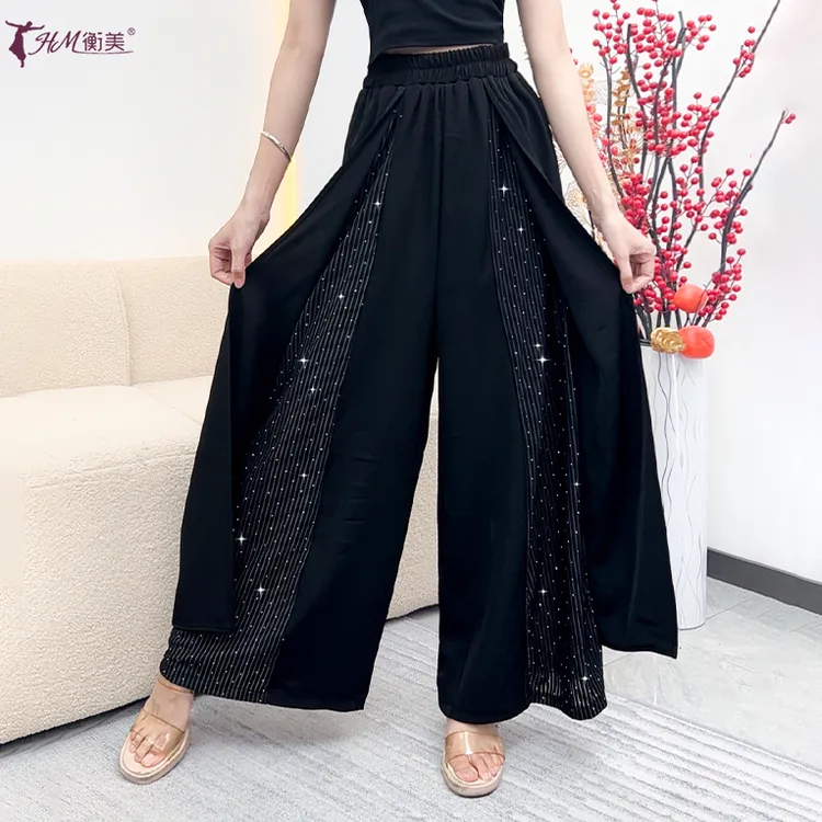 拼接烫钻古典舞阔腿裤子女新款中国现代舞高腰显瘦成人集训舞裤子