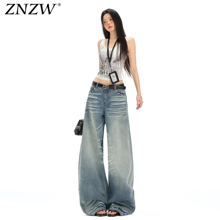 ZNZW低腰阔腿牛仔裤女秋季2025新款做旧水洗宽松美式猫须直筒裤女