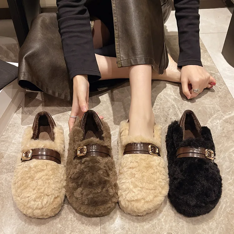 时尚复古百搭豆豆棉鞋女2025秋冬新款软底显瘦一脚蹬踩屎感毛毛鞋