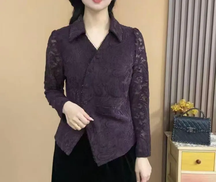 2025秋季长袖植绒蕾丝衬衫领开衫气质百搭显瘦女人味上衣913
