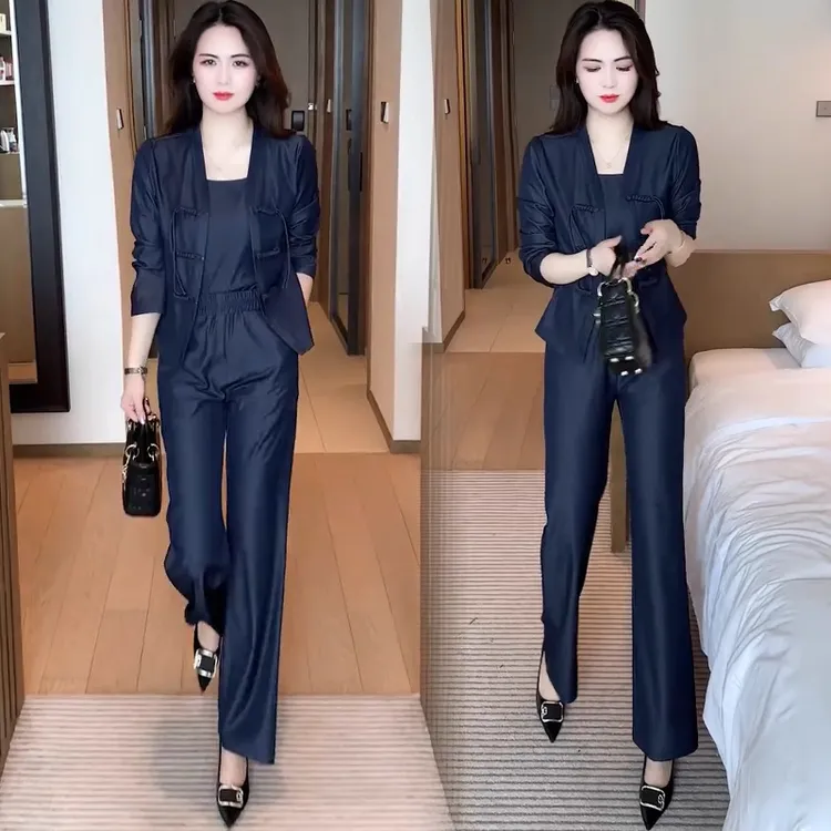 新中式牛仔套装女2025春季新款洋气显瘦盘扣外套吊带阔腿裤三件套