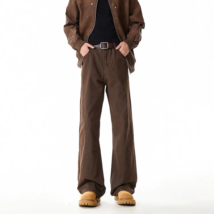 咖色复古水洗纯棉牛仔裤男款秋冬加绒直筒窄版裤子美式高街微喇裤