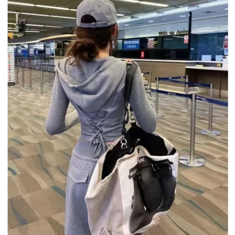 2025修身辣妹休闲运动带收腰连帽开衫外套女春款卫衣+裤子套装系