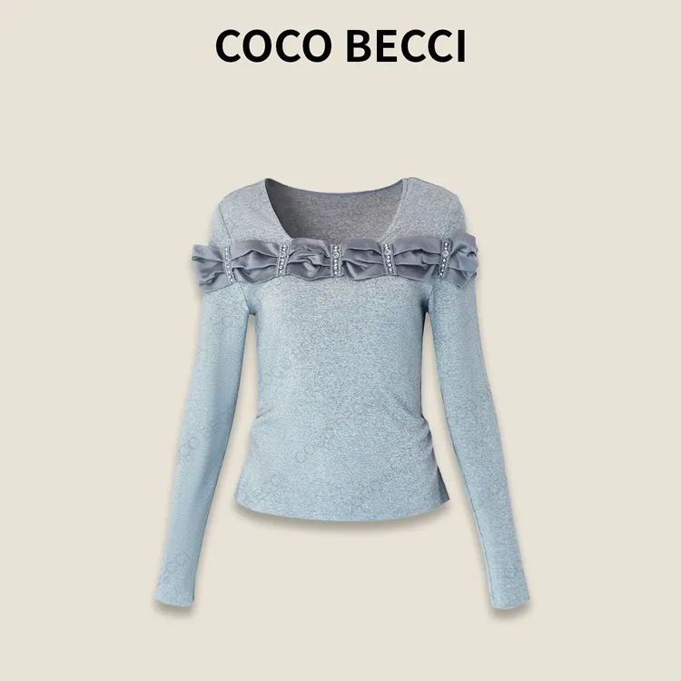 COCO BECCI【浪漫独白】灰色拼接带钻长袖T恤YT25JS140005