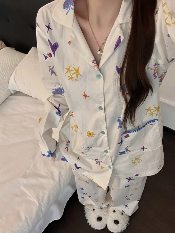 韩系甜美卡通动漫长袖睡衣女春秋款2025设计感长裤套装大码居家服