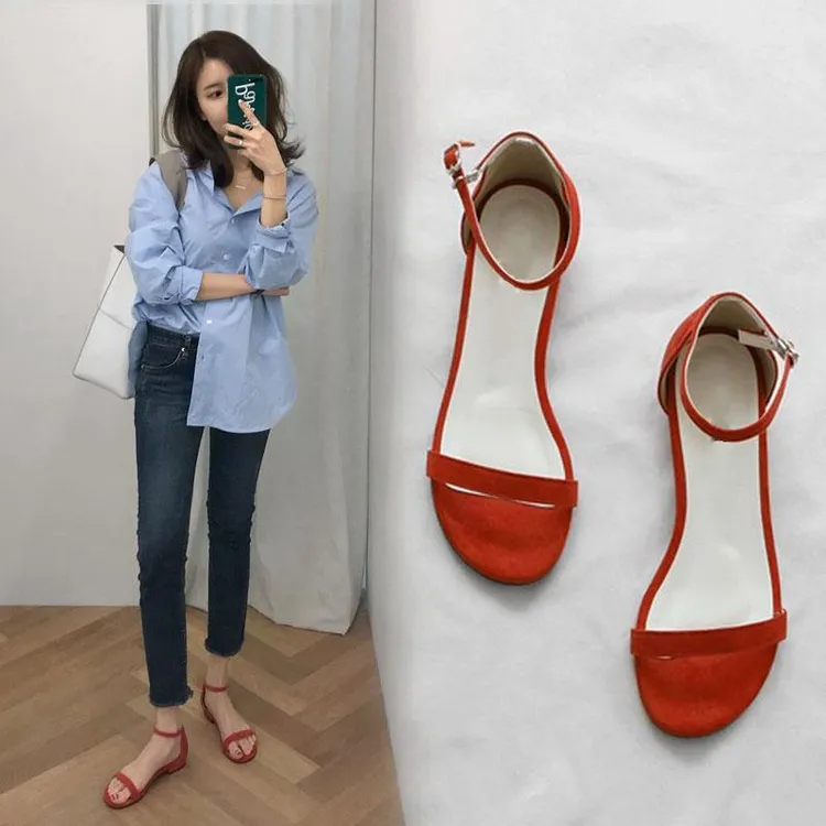 凉鞋女夏2025新款外穿百搭法式绝美简约红色一字带平底平跟罗马鞋