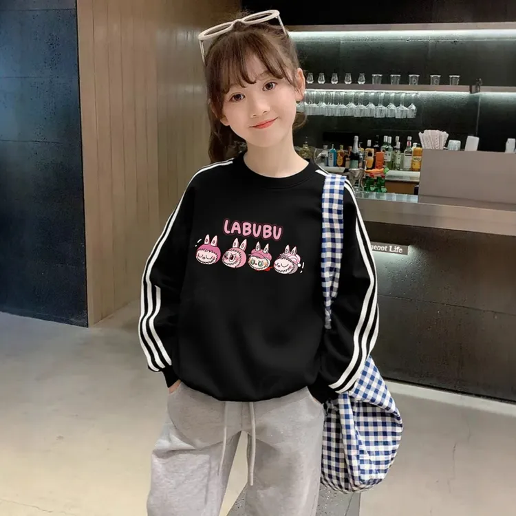 女童洋气秋季纯棉长袖T恤儿童打底衫宽松卡通女孩三条杆休闲运动T