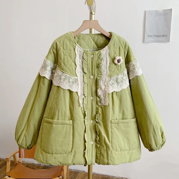 抹茶蛋糕C5095夹棉小花蕾丝边圆领棉衣
