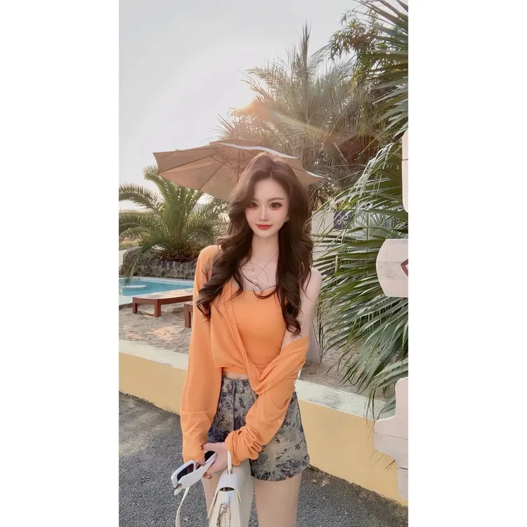 睿夕【柔柔天姿】甜辣妹叠穿吊带上衣女独特设计外搭长袖罩衫