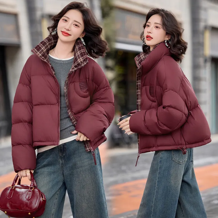 格子拼接立领羽绒服女短款2025冬季新款小个子洋气时髦白鸭绒外套