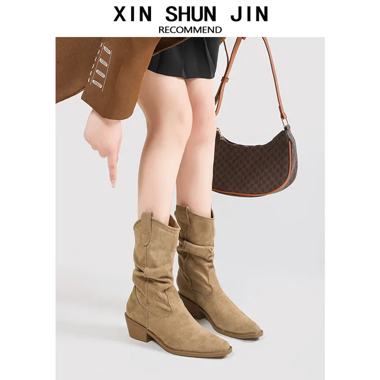 牛皮版中筒高帮中跟棕色秋冬筒靴尖头显瘦马丁时髦洋气女鞋靴子