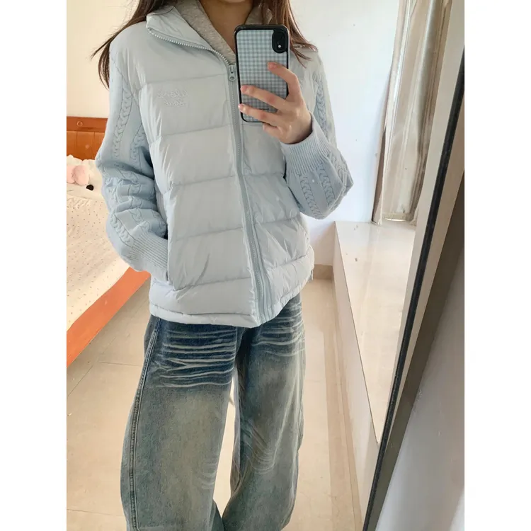 韩版甜酷风撞色麻花针织拼接棉服女设计感小众字母刺绣保暖外套