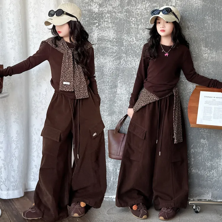 女童豹纹披肩套装2025秋季新款时尚潮流可爱韩版儿童三件套网红潮