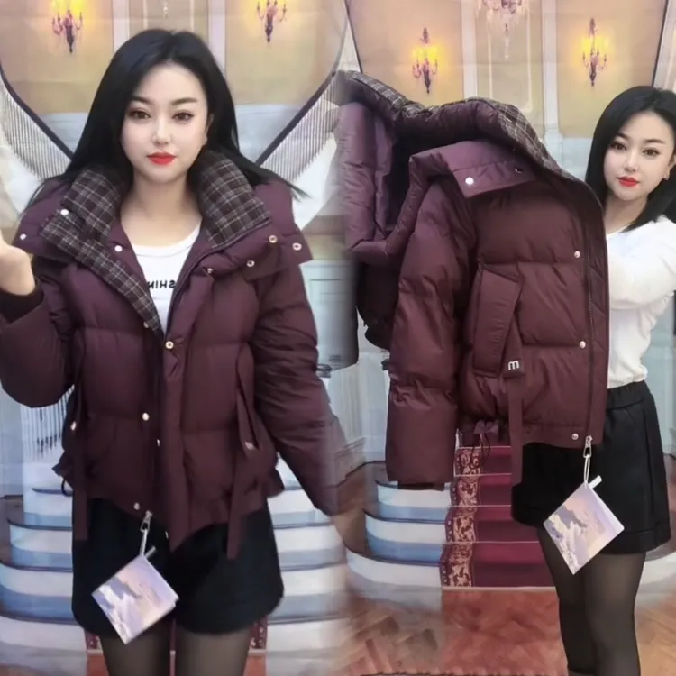 2025冬季新款韩版宽松休闲百搭连帽格子羽绒服女加厚保暖鸭绒外套