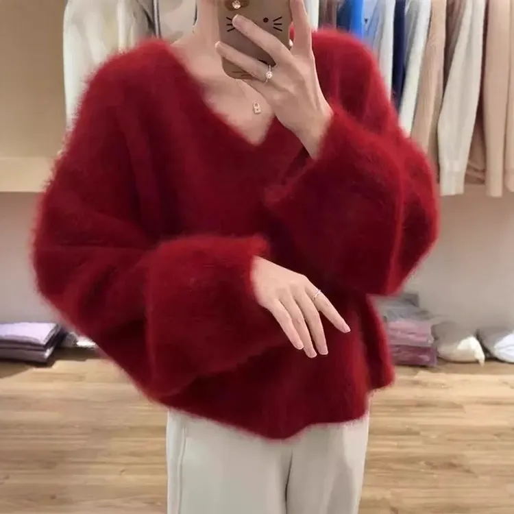 新年红色v领仿水貂绒毛衣女秋冬慵懒风内搭打底针织衫氛围感上衣