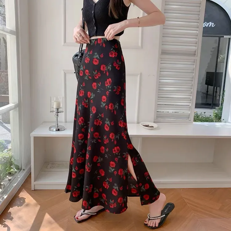 【松紧腰+拉链+两个裙长】侧开叉碎花a字半身裙中长款春夏