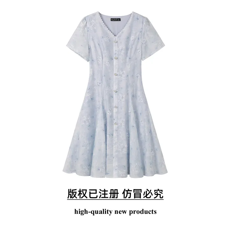 奢姿大码女装2025夏季减龄蝴蝶提花连衣裙胖妹妹花边时尚V领裙子