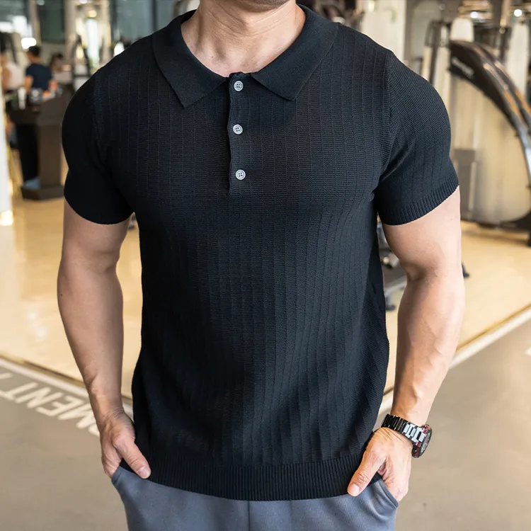 新款复古美式男士健身短袖POLO衫春夏潮牌纯色T恤针织