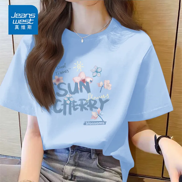 真维斯蓝色纯棉短袖t恤女款爆款2025新款韩系慵懒风独特别致上衣