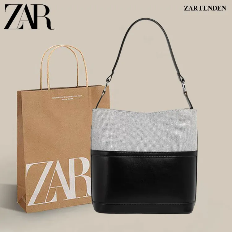 ZAR FENDEN小众高级感复古拼接水桶包女大容量时尚百搭通勤单肩包