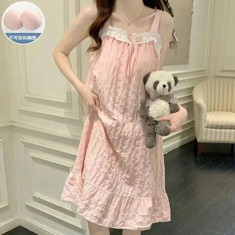 睡衣女夏季纯色带胸垫可爱甜美风花边少女吊带外穿家居服两件套