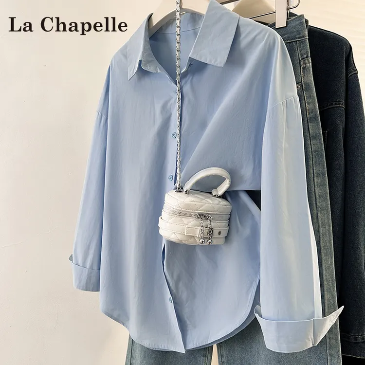 拉夏贝尔蓝色休闲长袖衬衫女2025新款夏季小个子宽松衬衣开衫上衣