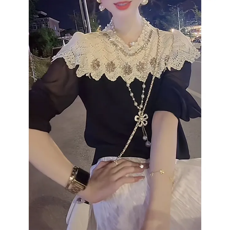 高级时尚重工钉珠t恤女2025秋季新款设计感小众气质蕾丝拼接上衣
