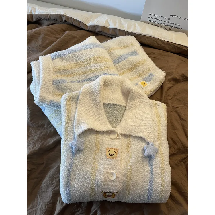 可爱卡通星星小熊印花针织半边绒睡衣女秋冬加厚家居服套装可外穿