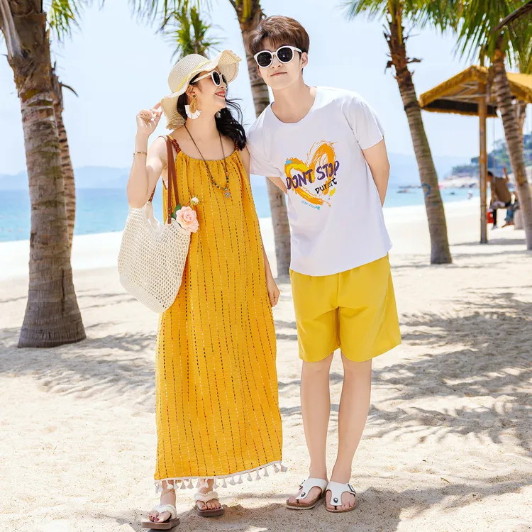 沙滩裙女情侣装夏装短袖衬衣三亚旅游拍照露营连衣裙海边度假裙子