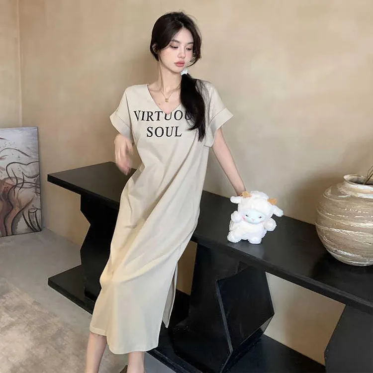 GPSUNLU2025夏季女款字母印花睡裙宽松V领休闲可外穿连衣裙家居服