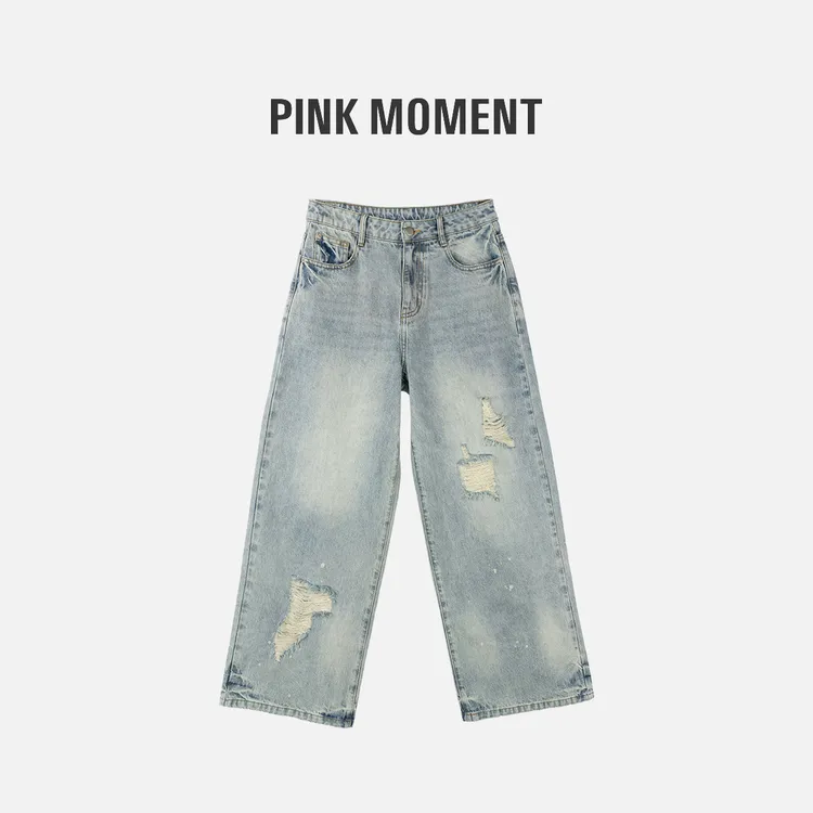 PM王囡囡 蓝色破洞水洗阔腿牛仔裤 ND1A0242
