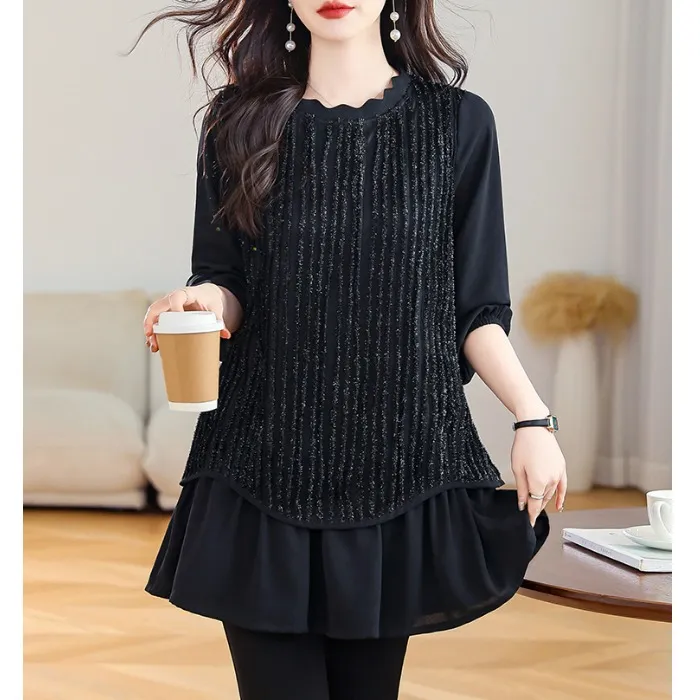 设计感时尚拼接洋气亮闪闪显瘦百搭加大码春季打底衫中长款连衣裙